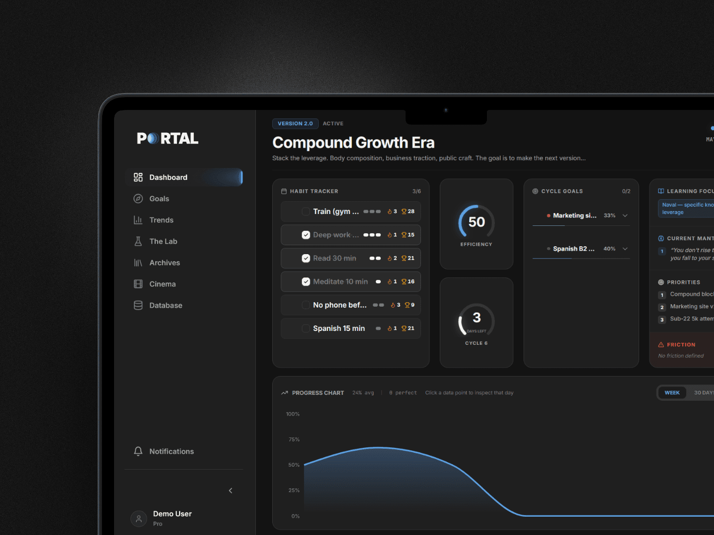 El Portal dashboard — desktop closeup, spotlight matte